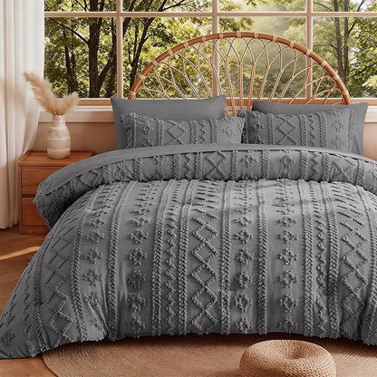 MR&HM Queen Comforter Set Dark Grey, 7 Pieces Tufted Boho Beddding Sets, Farmhouse Style Bed in a Bag with 1 Comforter, 2 Pillow Shams, 2 Pillowcases, 1 Flat Sheet, 1 Fitted Sheet for All Seasons