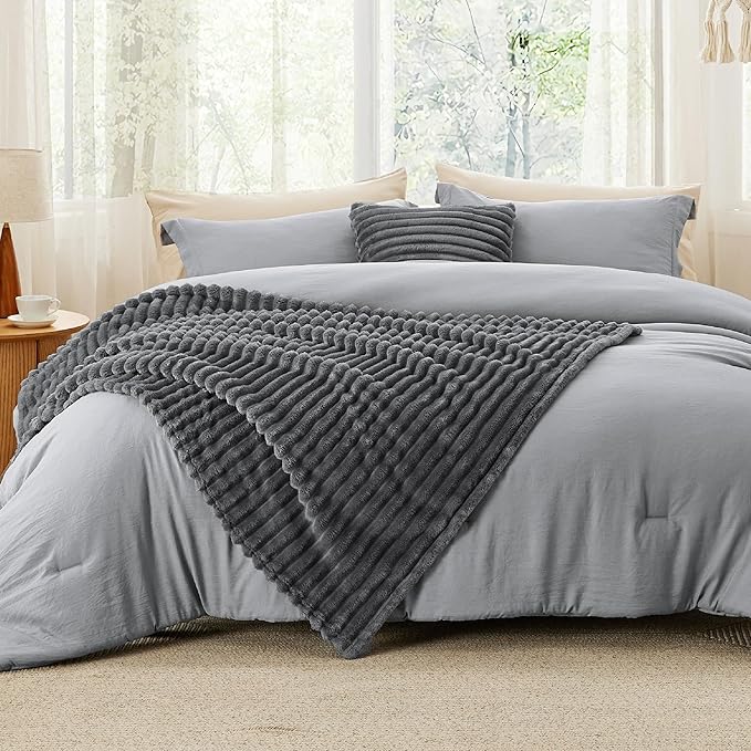Bedsure Full Comforter Set 5 Pieces - Bed in a Bag with Fleece Throw Blanket and Decorative Pillow, Lightweight Bedding Comforter Sets, All Season Bedding, Dark Grey