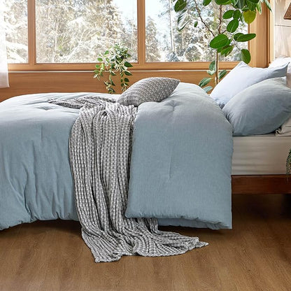 Bedsure 5 Pieces Cotton Comforter Set with Cotton Waffle Throw Blanket - Blue Queen Comforter, Pillow Shams, Grey Cooling Blanket of Rayon Derived from Bamboo for Hot Sleepers, Throw Pillow