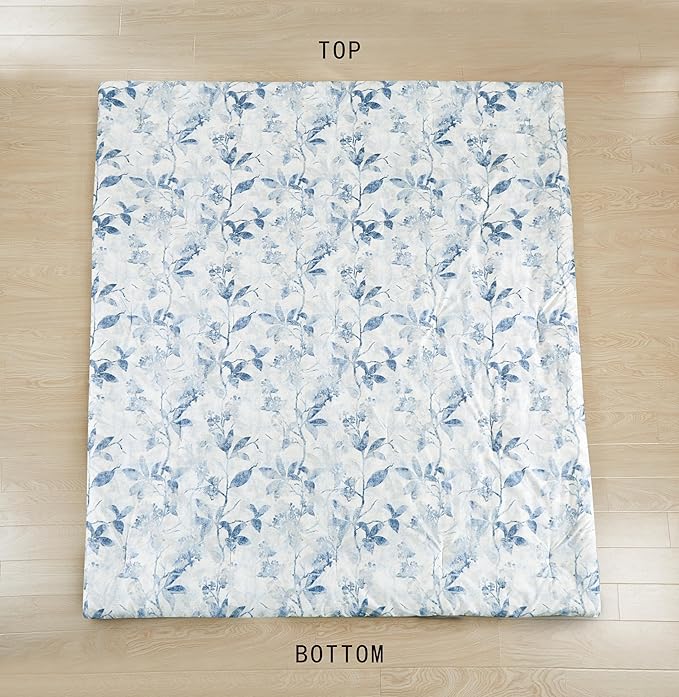 Chezmoi Collection Monica 3-Piece Boho Floral Comforter Set, Full - Blue Gray White Tropical Flower Textured Printed Microfiber Lightweight Bedding Set