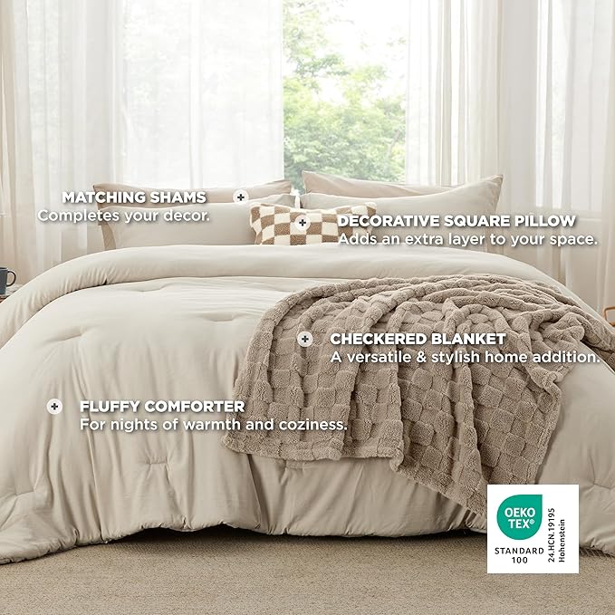 Bedsure Comforter Queen Size 5 Pieces - Queen Size Comforter Set with Checkered Throw Blanket and Decorative Pillow, Lightweiget Bedding, All Season Bedding Sets, Linen Beige