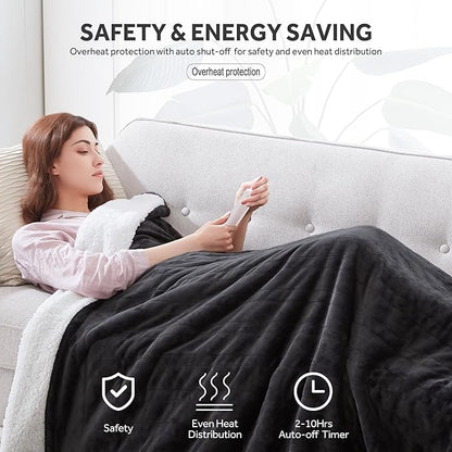 Heated Blanket Electric Blanket Full Size Soft Flannel Sherpa, 6 Heat Levels Fast Heating, 2 to 10 Hours Auto-Off Detachable Controller Machine Washable, Grey 72"x84"