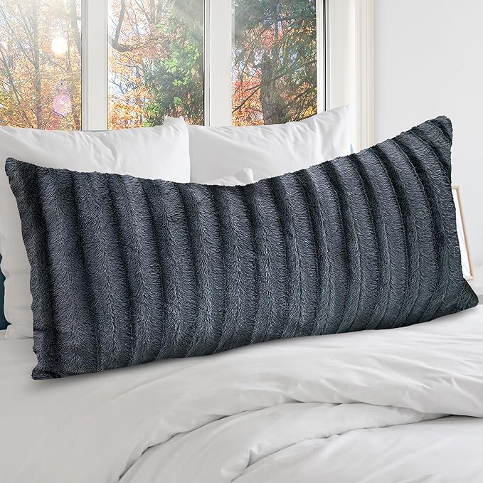 Cheer Collection Faux Fur Long Body Pillow - Accent Throw Pillow for Bed and Couch - Decorative Lumbar Pillow with Insert, Gray (18" x 40")