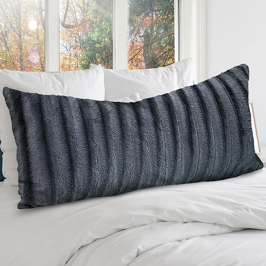Cheer Collection Faux Fur Long Body Pillow - Accent Throw Pillow for Bed and Couch - Decorative Lumbar Pillow with Insert, Gray (18" x 40")