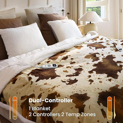 Cow Print Heated Electric Blanket King Size-Dual Control Heating Blanket King Size with 10 Heat Levels & 10 Hours Auto-Off, Cozy Soft Fleece Sherpa, Washable, 90x100 Inche Cow Print Apricot