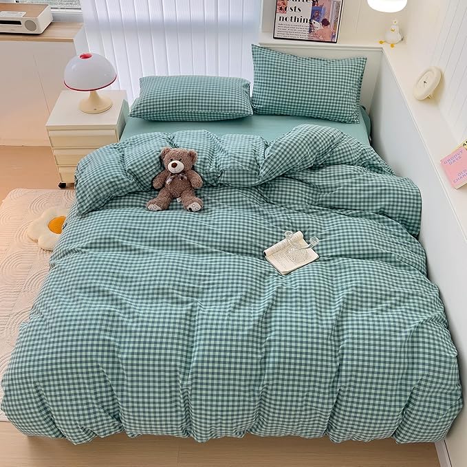 mixinni Dark Green Gingham Comforter Set Queen, Plaid Comforter Set 3 Pieces 1 Teal Grid Comfoter with 2 Pillow Cases for All Seasons, Soft Fluffy Modern Grid Pattern Printed Bedding-Queen Size