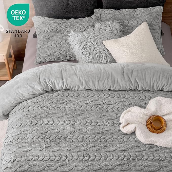 PHF Fluffy Sherpa Fleece Queen Comforter Set, 3 Pieces Warm Fuzzy Soft Bedding for Winter, 3D Tufted Flannel Plush Shaggy Bed Set, 1 Comforter (90"x90") and 2 Pillowcases (20"x26"), Grey