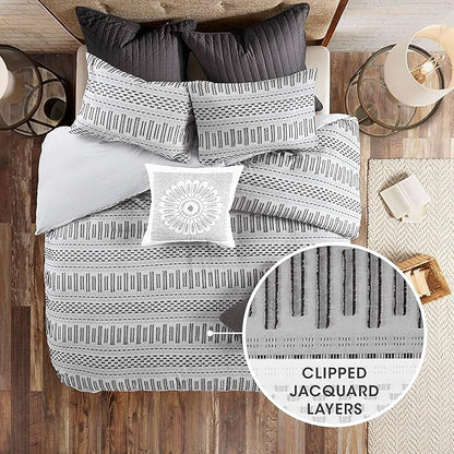 INK+IVY Rhea 100% Cotton Duvet Set Mid Century Modern Boho Design, All Season Comforter Cover Bedding Set, Matching Shams, Full/Queen, Geometric Clipped Jacquard Grey 3 Piece