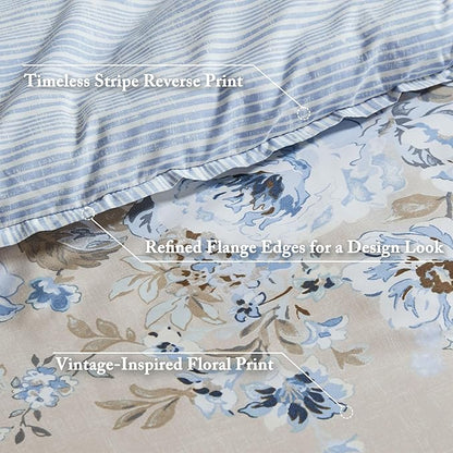 Madison Park Essentials Floral Comforter Set Full Size, Vintage Flower Bedding Set with Sheet Set, 7 Pieces Bed in a Bag with Reversible Botanical Comforter, Pillowcases & Shams, Heather, Beige/Blue