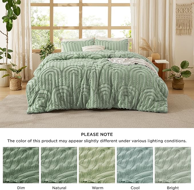 Bedsure Boho Tufted Green Comforter Full Size, GentleSoft™ 3 Pieces Boho Farmhouse Decor Bedding, Arch Shabby Chic Bedding for All Seasons, 1 Bed Comforter, 2 Pillow Shams, 82x86 Inches