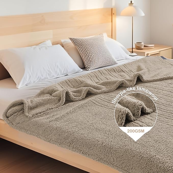 Electric Heated Blanket Full Size 72"×84" with 9 Heating Levels & 1-10Hs Auto Off，Double Sided Plush Sherpa, Energy Efficient, Machine Washable, for Couch & Bed, Light Brown