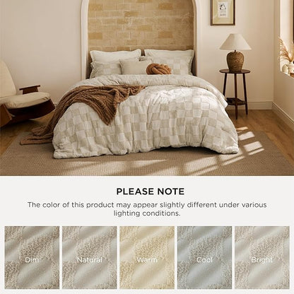 Bedsure Twin/Twin XL Size Comforter Set Beige, Boho Tufted Bed Set, Checkered Farmhouse Shabby Chic Bedding, 2 Pieces, 1 Plaid Geometric Comforter and 1 Pillow Sham