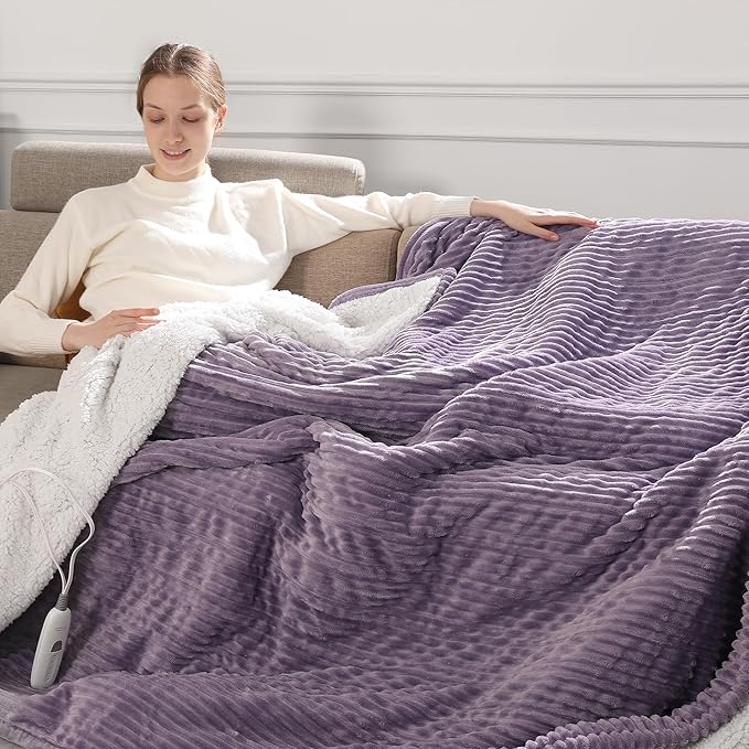 Electric Throw Heated Throw 50''x60'', Striped Flannel & Thicker Sherpa, 5 Heat Settings & 4 Hour Auto Off with FCC/ETL Certified, Overheat Protection & Machine Washable, Great Gift, Lavender Purple