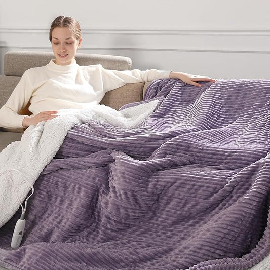 King Size Heated Blanket, Electric Blanket with Dual Controls, 5 Heat Settings, 10-Hour Auto Off, Cozy Striped Flannel & Sherpa, FCC/ETL Certified,Lavender Purple