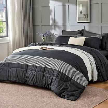 Andency California King Size Comforter Set 7 Pieces - Black White Striped Bed in a Bag, Soft Microfiber Patchwork All Season Bedding Set with Comforter, Fitted & Flat Sheet, Pillowcases & Shams