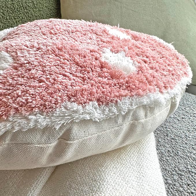 Tufted Mushroom Shape Decorative Cushion - 15' x 15' Mushroom Decor for Bed, Couch, Living Room (Pink)