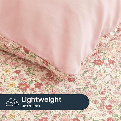 Wake In Cloud - Floral Comforter Set with Sheets, Cute Vintage Flower Cottagecore Aesthetic for Women Teen Girls, 7 Pieces Bed in a Bag, Cream Pink, Full Size