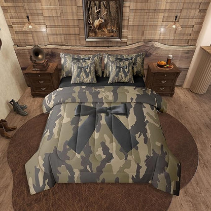 Erosebridal Camo Full Comforter Set 7 Pieces Bowknot Bed in A Bag for Bedroom Bow Hunting Ribbon Army Camouflage Rustic Bedding Set with Comforters, Sheets, Pillowcases Brown Black Room Decor