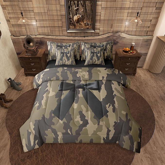 Erosebridal Camo King Comforter Set Bowknot 7-Piece Bed in A Bag Bow Hunting Ribbon Army Camouflage Rustic Sheets and Pillowcases Brown Black Bed Sets