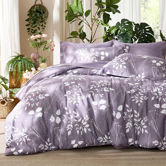 Bedsure Grayish Purple King Comforter Set - 7 Pieces Floral Bedding Sets King Bed in a Bag with Reversible Botanical Flowers Comforter, Sheets, Pillowcases & Shams
