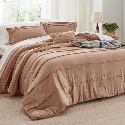 Bedsure Queen Comforter Set - 4 Pieces Pinch Pleat Bed Set, Taupe Boho Bedding for All Season, 1 Soft Comforter, 2 Pillowcases, 1 Decorative Pillow