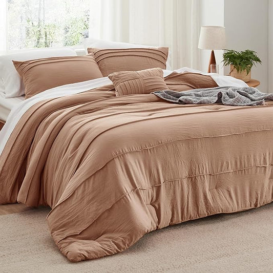 Bedsure Queen Comforter Set - 4 Pieces Pinch Pleat Bed Set, Taupe Boho Bedding for All Season, 1 Soft Comforter, 2 Pillowcases, 1 Decorative Pillow