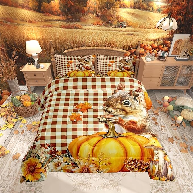 Castle Fairy Vintage Yellow Geometric Grid Bedding Set,Autumn Harvest Thanksgiving All Season Cozy Comforter Set Full Size,Squirrel Pumpkin Flower Duvet Set Bedroom Decor,Personalized Birthday Gifts