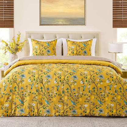 MUSSEL Bedding King Size Comforter Set 3 Pieces,Yellow Vintage Botanical Floral Pattern Bed Comforter Sets,Boho Whimsical Modern Printed Design Cute Seersucker Bedroom Comforter and Shams