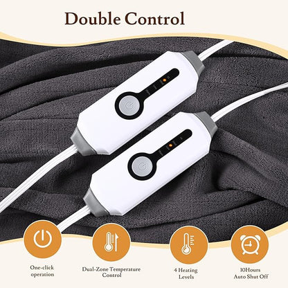Electric Heated Blanket 84"x90" Queen Size - 4 Heat Settings & Dual Controllers, 10H Auto Shut Off, Ultra-Soft Coral Fleece Heated Blanket with Overheat Protection, Dark Gray