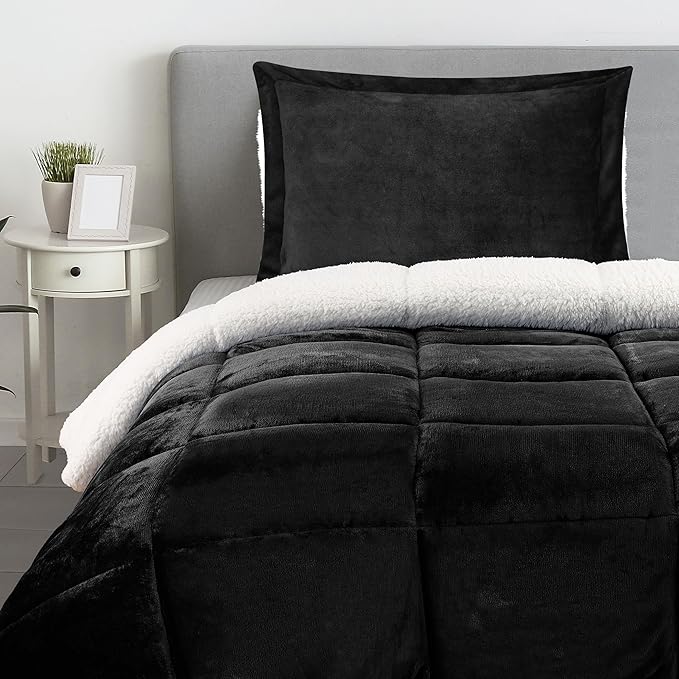 Utopia Bedding Micromink Sherpa Fleece Twin Comforter Set with 1 Pillow Sham, Plush and Warm Bedding Comforter Sets, Down Alternative Comforter, Ultra Soft and Cozy Comforter Set (Twin, Black)