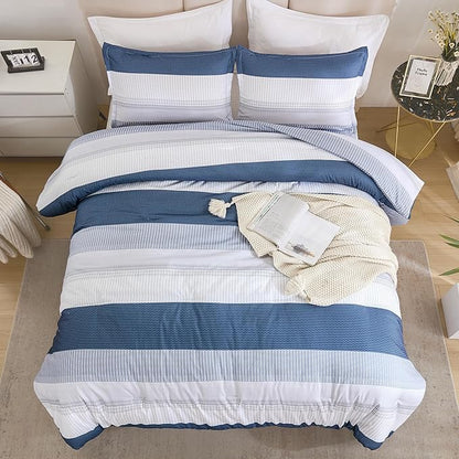 Litanika Mineral Blue Comforter Set Super King - 3 Pieces Lightweight Mineral Blue White Colorblock Stripe Fluffy Bedding Comforter Sets, All Season Bed Set