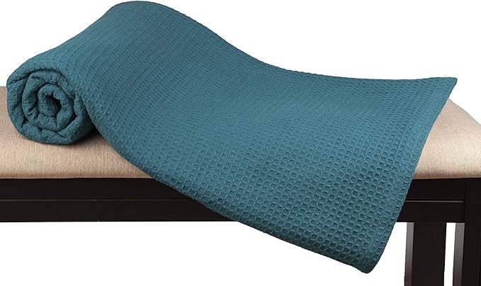 Glamburg 100% Cotton Thermal Blanket, Breathable Waffle Blanket, Queen Size, All Season, Teal