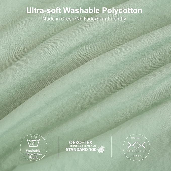 Ultra-Soft Queen Size Comforter Sets - Comfy Cozy Washed Polycotton - 3 Piece Comfort Fluffy Bed Blanket Down Alternative Comforter & Pillowcase - Lightweight but Warm All Season, Sage Green