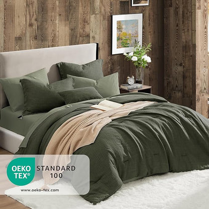 Geniospin Dark Olive Green Queen Comforter Set - 7 Pieces Comforter Queen Size, Solid Bedding Set for All Season, Textured Bed in a Bag with Sheets