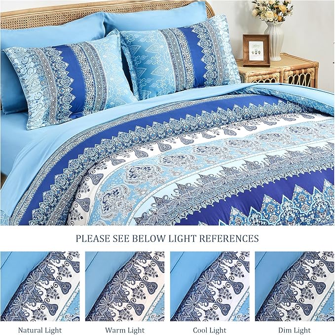 Boho Queen Comforter Set Blue - 7 Pieces Bed in a Bag Floral Striped Comforter and Sheet Set, Soft Microfiber Bohemian Bedding Sets Queen Size for All Season (Blue,Queen)