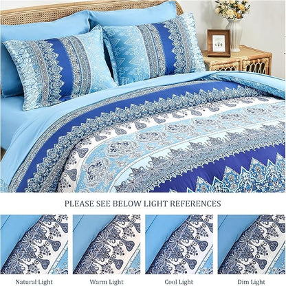 Boho Queen Comforter Set Blue - 7 Pieces Bed in a Bag Floral Striped Comforter and Sheet Set, Soft Microfiber Bohemian Bedding Sets Queen Size for All Season (Blue,Queen)