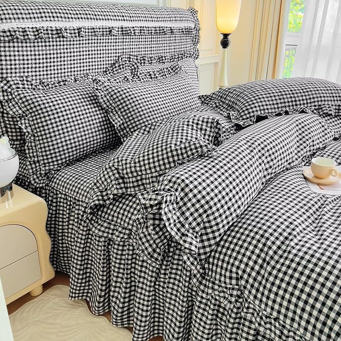 mixinni Vintage Black Gingham Ruffle Comforter Set 3-Piece Washed Cotton King Size Grid Bedding Set with Geometric Checkered Pattern, Farmhouse Chic Soft Fluffy Comforter for All-Season