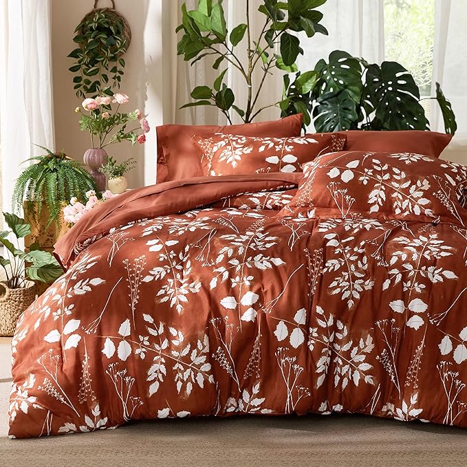 Bedsure Full Size Comforter Set - 7 Pieces Floral Terracotta Soft Bedding Sets, Full Bed in a Bag with Botanical Flowers Comforter, Sheets, Pillowcases & Shams