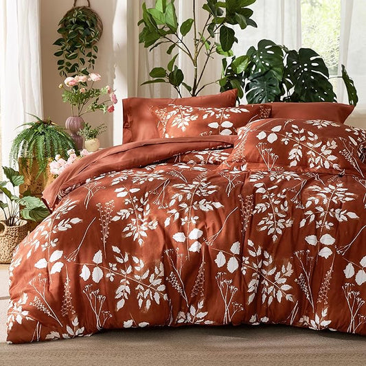 Bedsure Full Size Comforter Set - 7 Pieces Floral Terracotta Soft Bedding Sets, Full Bed in a Bag with Botanical Flowers Comforter, Sheets, Pillowcases & Shams