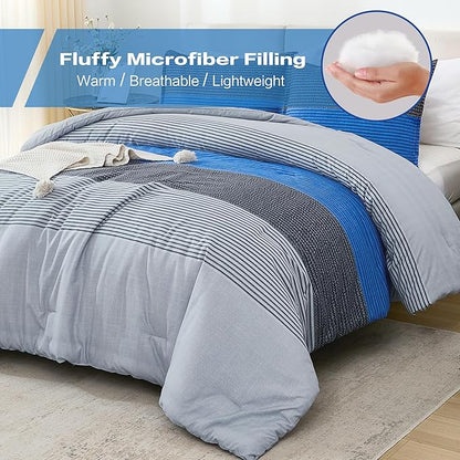 Litanika Blue Grey Bed Comforter Twin Comforter Boys Men Striped Bedding Comforter Set, 2 Pieces Lightweight Soft All Season Down Alternative Comforter
