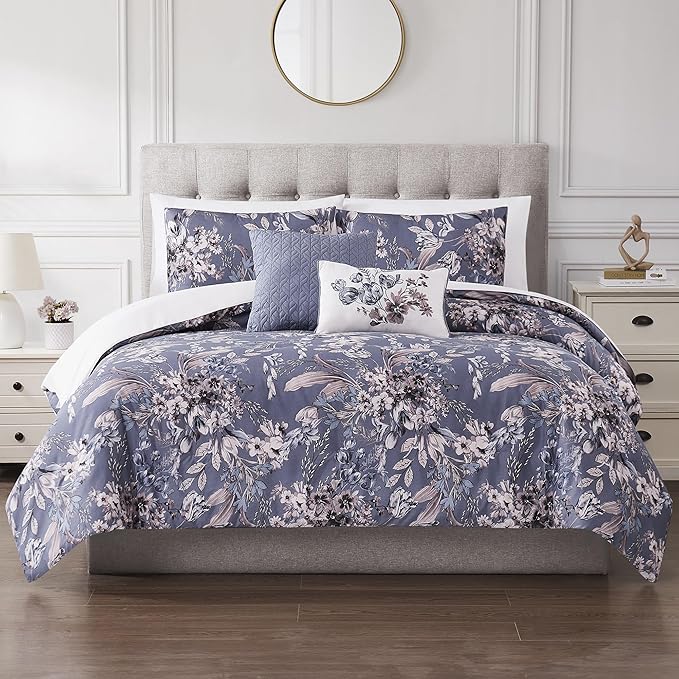 Modern Threads 5-Piece Printed Comforter Set, Thea King in Silver Purple – Soft Comforter, 2 Pillow Shams, and 2 Decorative Pillows