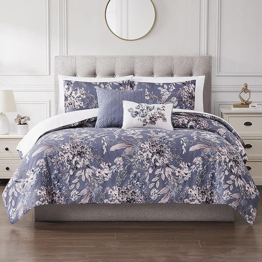 Modern Threads 5-Piece Printed Comforter Set, Thea King in Silver Purple – Soft Comforter, 2 Pillow Shams, and 2 Decorative Pillows