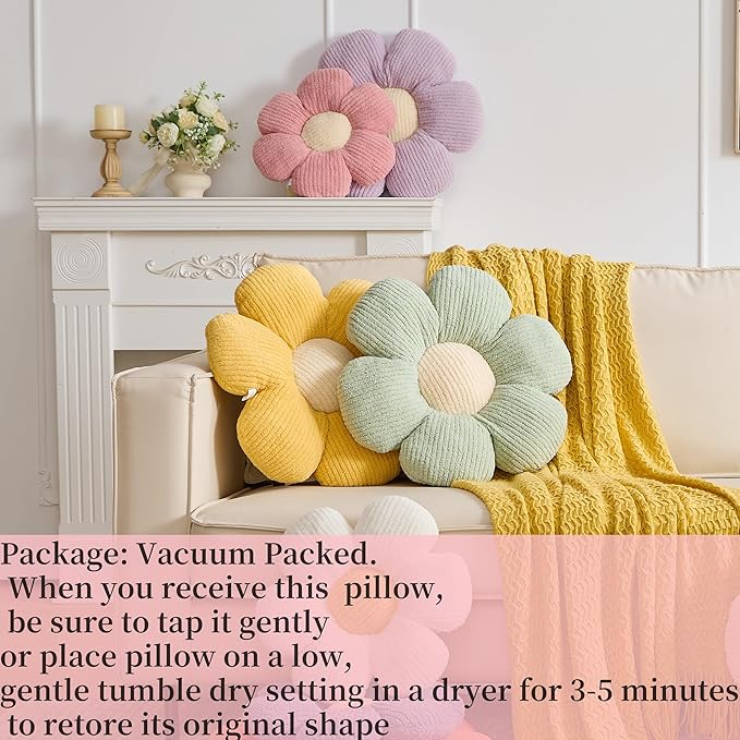Flower Pillow, Ivory Throw Pillows Cute Daisy Decorative Pillow Cushion Seating Home Decorative for Bed, Sofa, Couch