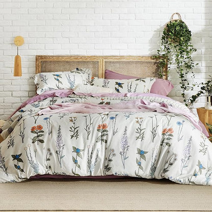 Bedsure Comforter Set Queen Size - Cute Floral Bedding Comforter Set, 3 Pieces, 1 Soft Reversible Coconut White Botanical Flowers Comforter and 2 Pillow Shams