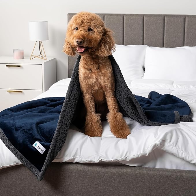 PetAmi Waterproof Dog Blanket for Medium Large XL Dog Puppy Cat Throw for Couch Cover Leakproof Protection, Sherpa Fleece, Reversible Soft Washable 80x60 Navy Gray