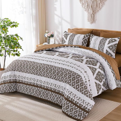 Luxudecor Brown Comforter Set King Size 7 Pieces,Boho Aztec Comforter with Sheet Set,Geometric Striped Pattern Bed in a Bag,Soft Microfiber Bed Set 104"x90"