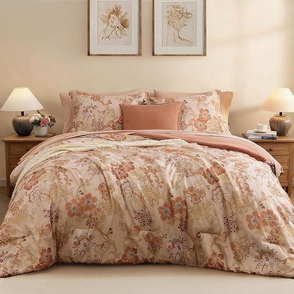 King Comforter Set -7 Pieces Terrecotta Floral Comforter Set for All Seasons, Bed in a Bag King with Botanical Flowers Comforter, Sheets, Pillowcases & Shams
