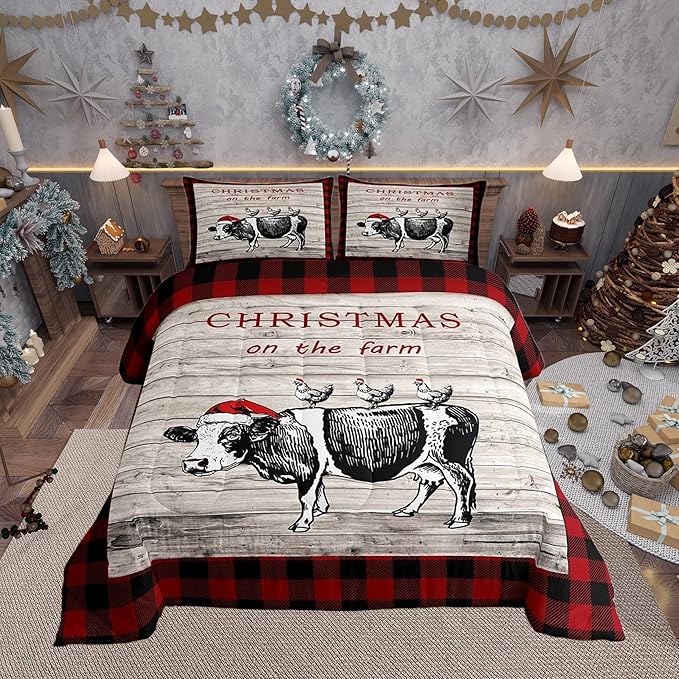 Castle Fairy Vintage Wooden Plank Red Grids 3 Pcs Comforter/Duvet Set,Cartoon Cow Chicken Ultra Soft Bed Collection,Christmas Farm Bedding for Room Decor 3 Pcs,Microfiber Breathable,King