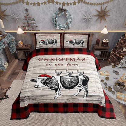 Christmas Farm Boys Kids Comforter Set Full Size,Vintage Wooden Plank Red Grids Duvet Set Room Decor,Cartoon Cow Chicken Brushed Microfiber Soft Bedding Comforter