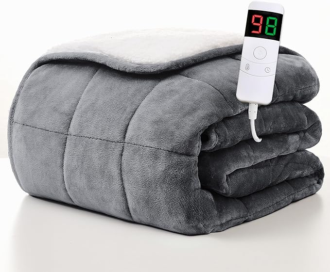 Homemate Heated Weighted Blanket for Adults - 50"x60" 10lbs Electric Throw Fast Heating Heavy Blanket 1/2/4/6/8 Hour Auto Off 10 Heat Levels Over-Heat Protection Soft Flannel Sherpa